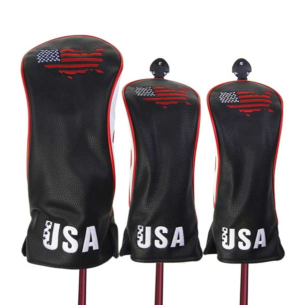 3PC Swynner Design USA Flag Golf Club Head Covers for Driver Fairway Woods Premium Leather
