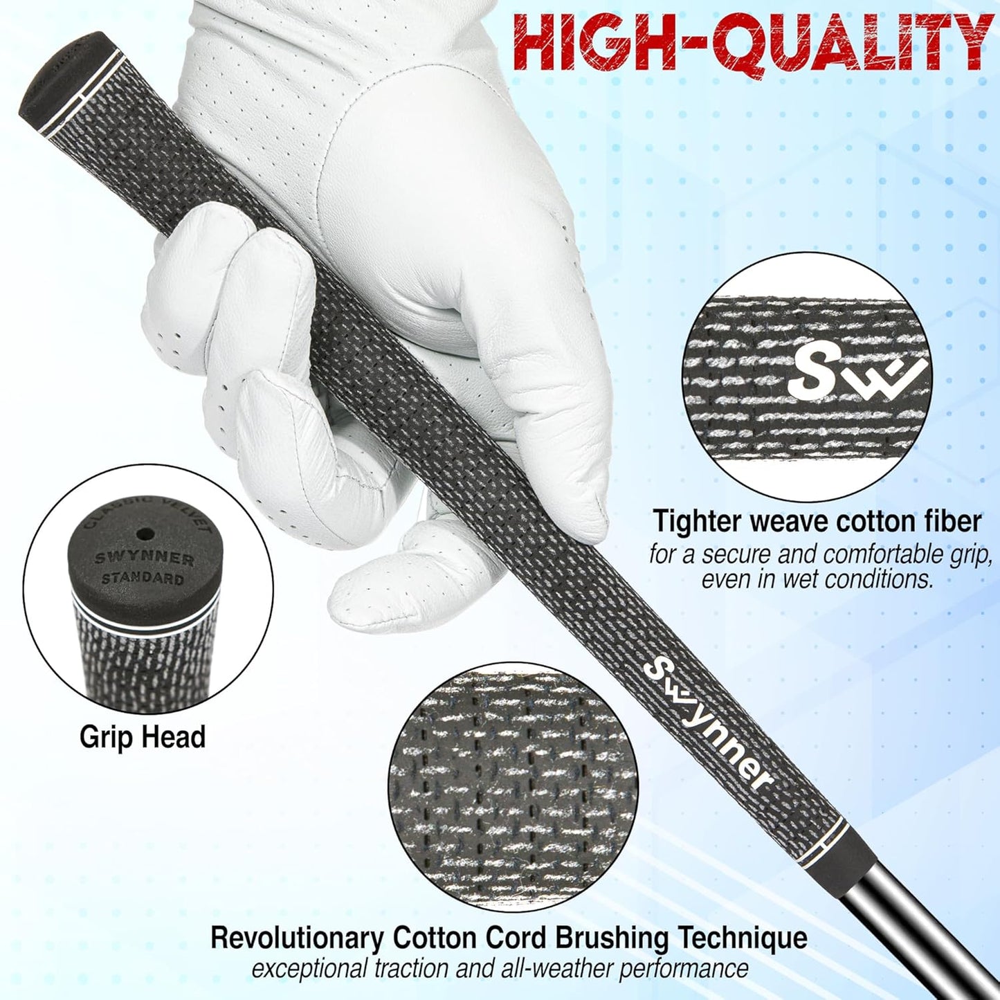 Swynner Classic Velvet Cord Swing Golf Grips - Set of 13 Standard Golf Club Grips - Black Velvet Cord - 60R Core Size - 10.75 Inch Length - Compatible with Golf Pride Tour Velvet Clubs