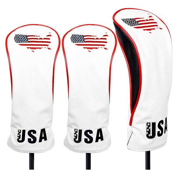 3PC Swynner Design USA Flag Golf Club Head Covers for Driver Fairway Woods Premium Leather